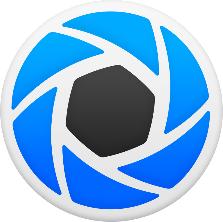 A stylized camera shutter icon with a black center, surrounded by blue and white segments.