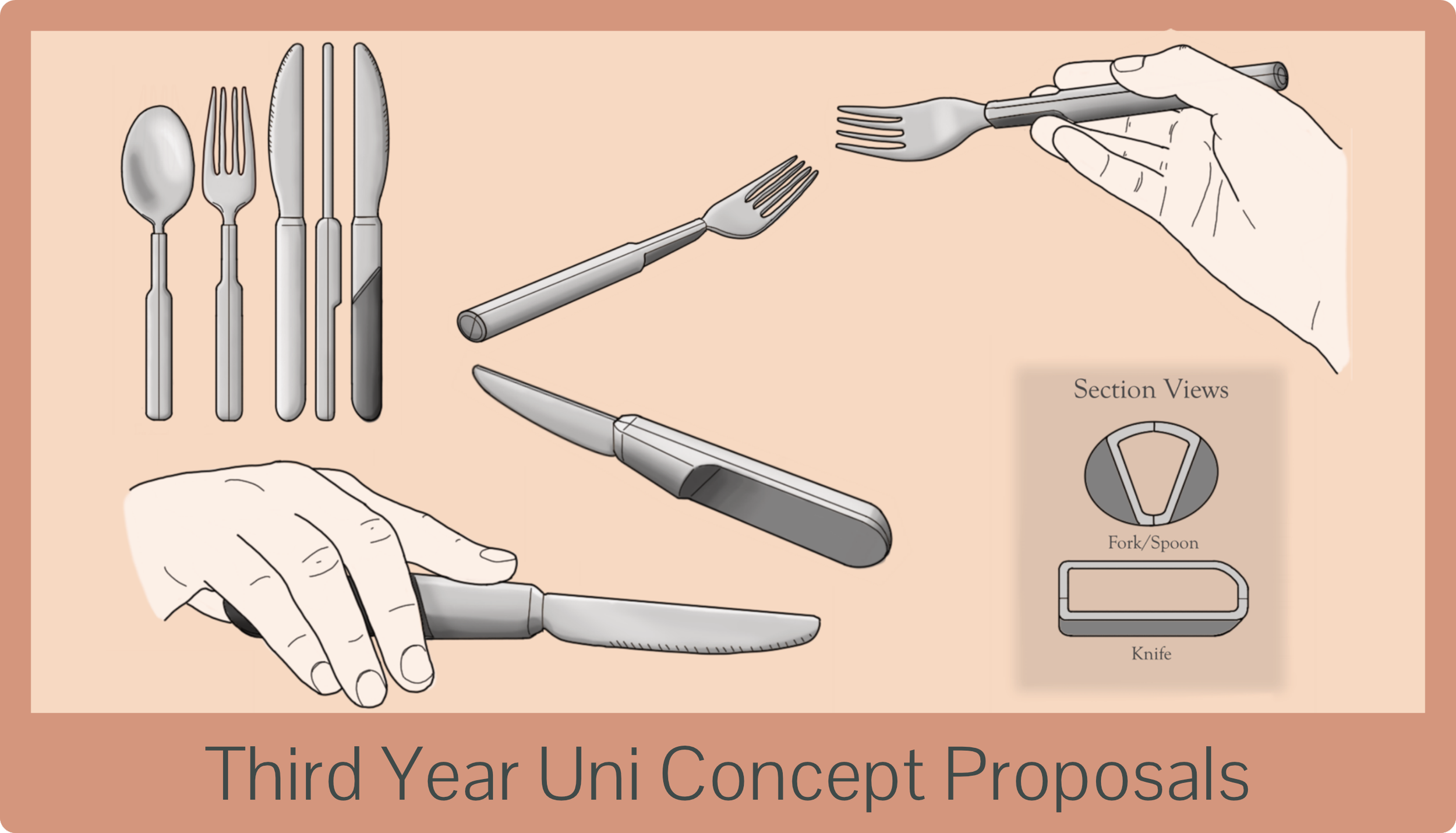 Illustration showing various cutlery items, including spoons, forks, knives, and a multi-use tool, along with section views of a fork/spoon and a knife, and a hand holding a knife. The image has the text 'Third Year Uni Concept Proposals' at the bottom.