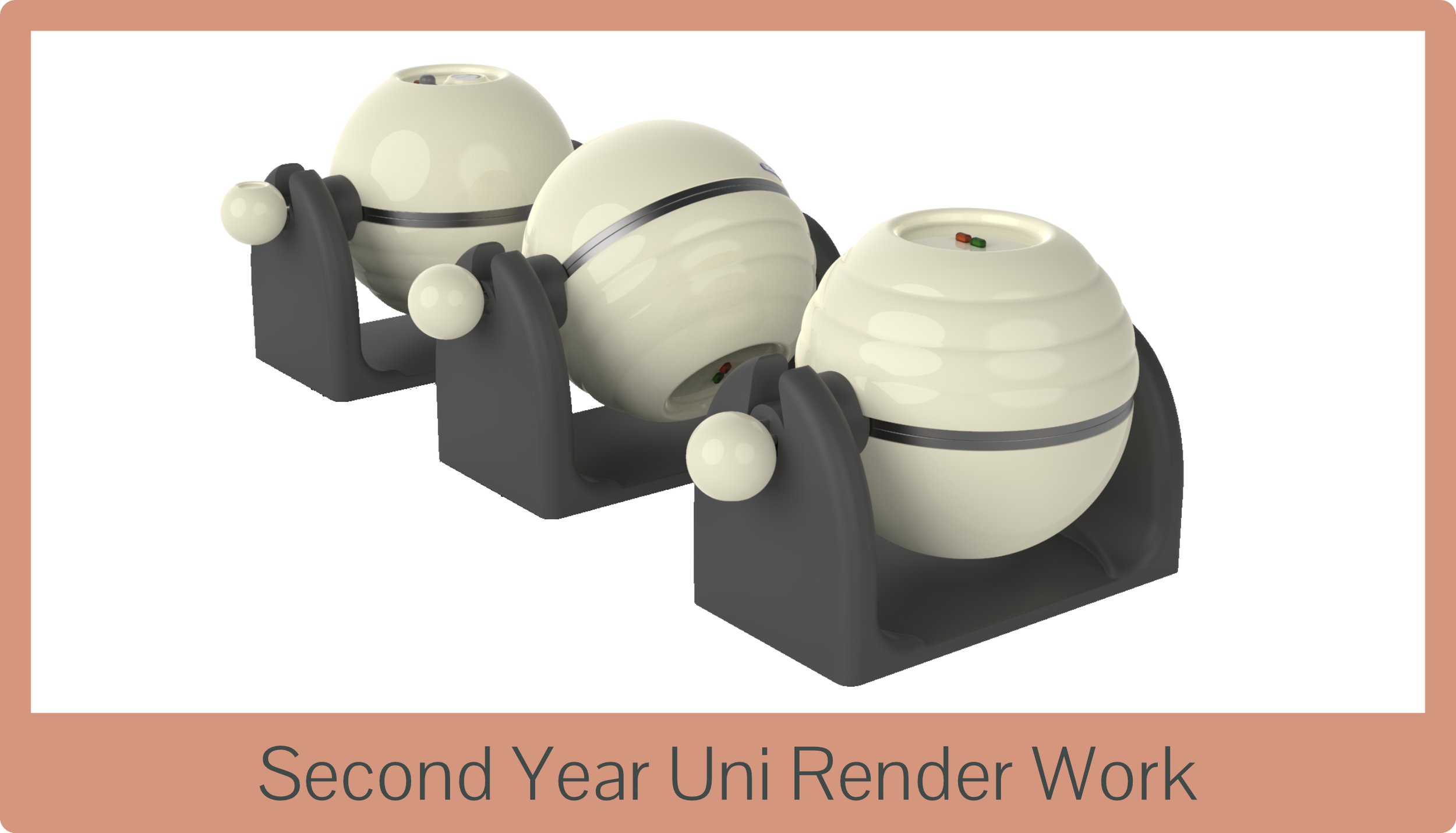 A digital rendering of three model atomic or molecules with spherical shapes, placed in black stands, with a label at the bottom reading 'Second Year Uni Render Work'.