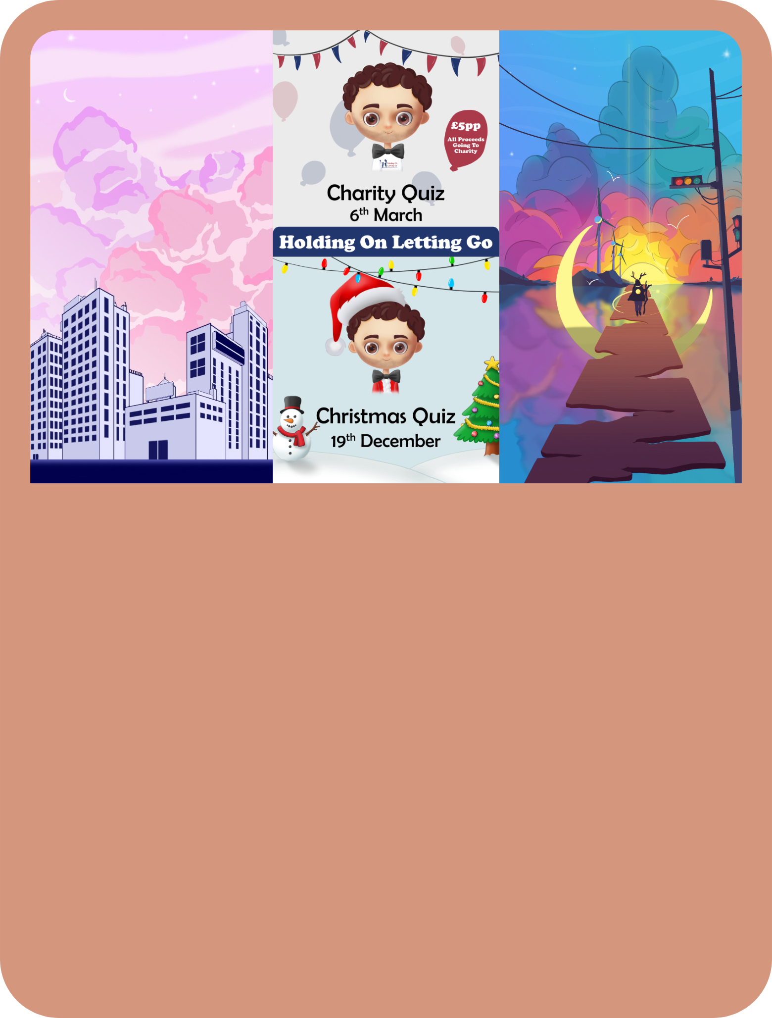A digital collage of three panels with event advertisements and artistic landscapes. The left panel depicts city skyscrapers against a pink and purple sky with clouds. The middle panel promotes charity and Christmas quizzes with festive characters and decorations. The right panel features a stylized sunset or sunrise over a river with a pathway and a silhouette of a deer.