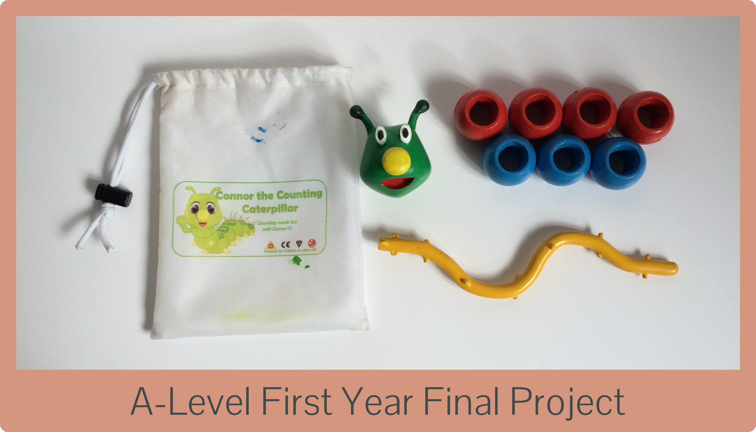 A children's toy set includes a caterpillar figure, a green caterpillar head with antennas, ten hollow plastic tubes in red and blue, a yellow flexible pipe, and a white drawstring bag labeled 'Connor the Counting Caterpillar' with a cartoon caterpillar image.