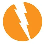Orange circle with a white lightning bolt split in the middle