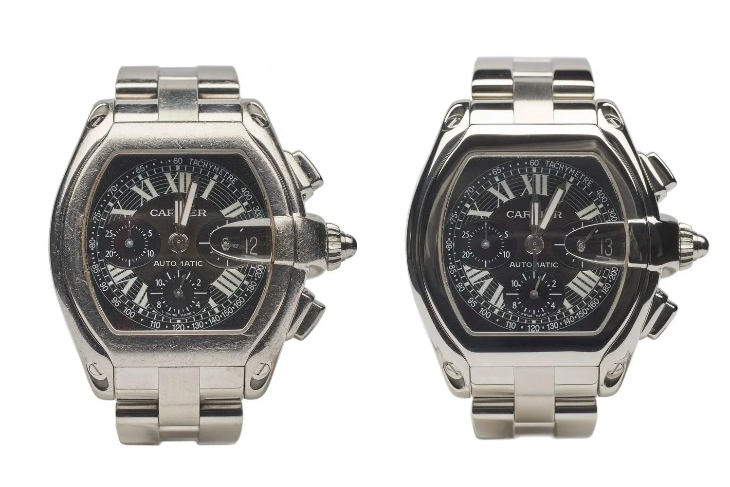 Two stainless steel Cartier watches with black dials, Roman numerals, chronograph subdials, and tachymeter scale, side by side.