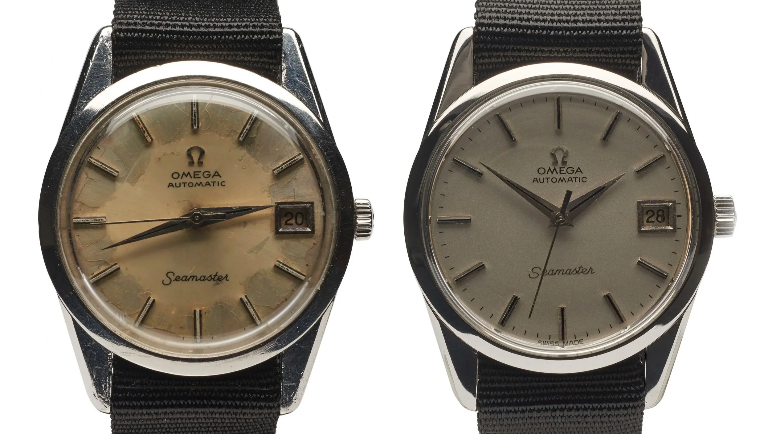 Before and after: OMEGA Seamaster automatic following a full polish and dial restoration.
