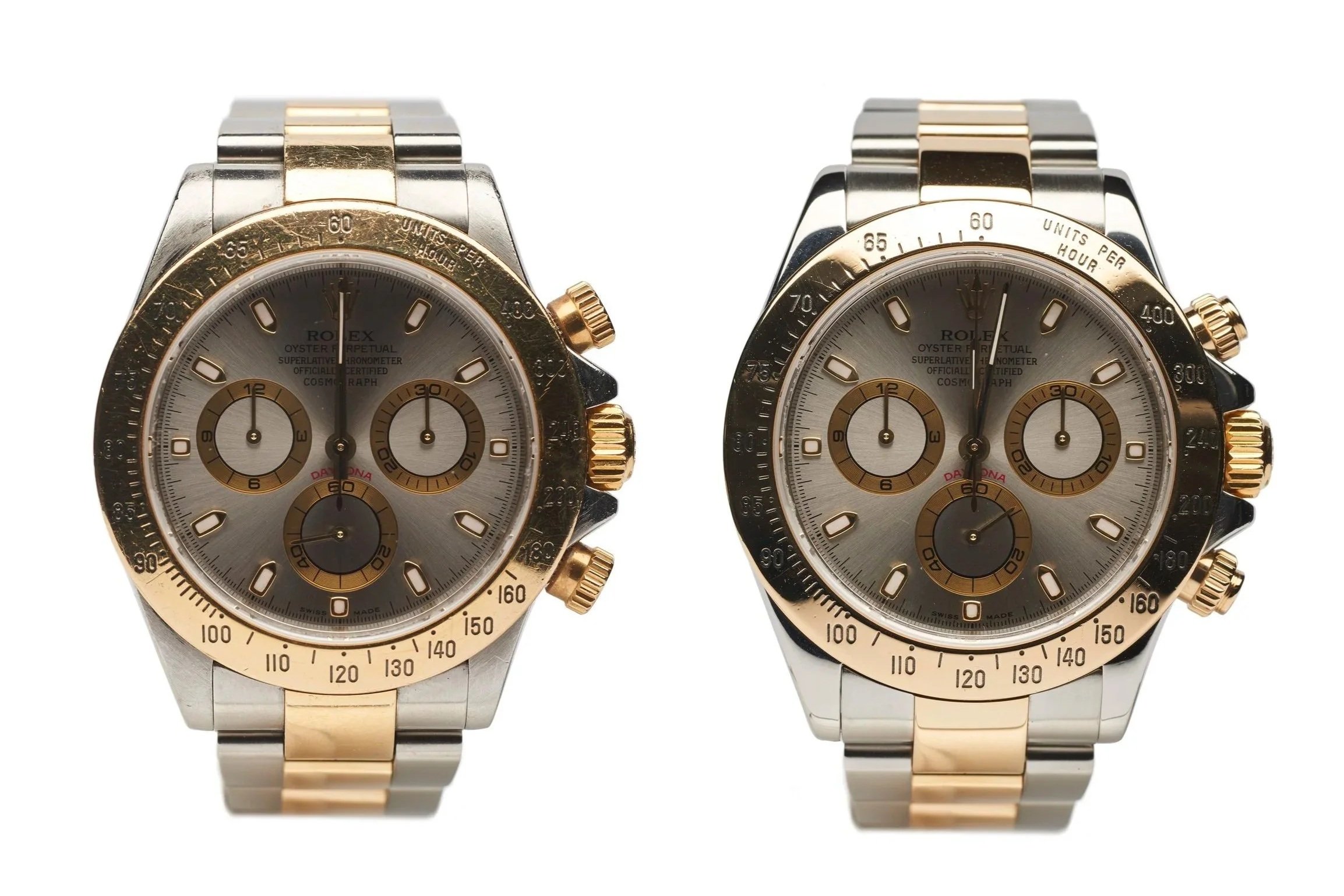 Example of a Rolex wristwatch before and after being polished at AMJ Watch Repair in Hatton Garden. 