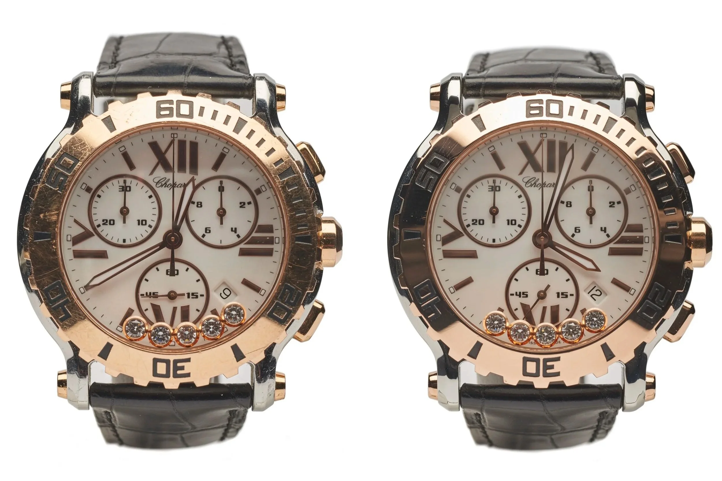 Pair of luxury wristwatches before and after being polished at AMJ Watch Repair. 