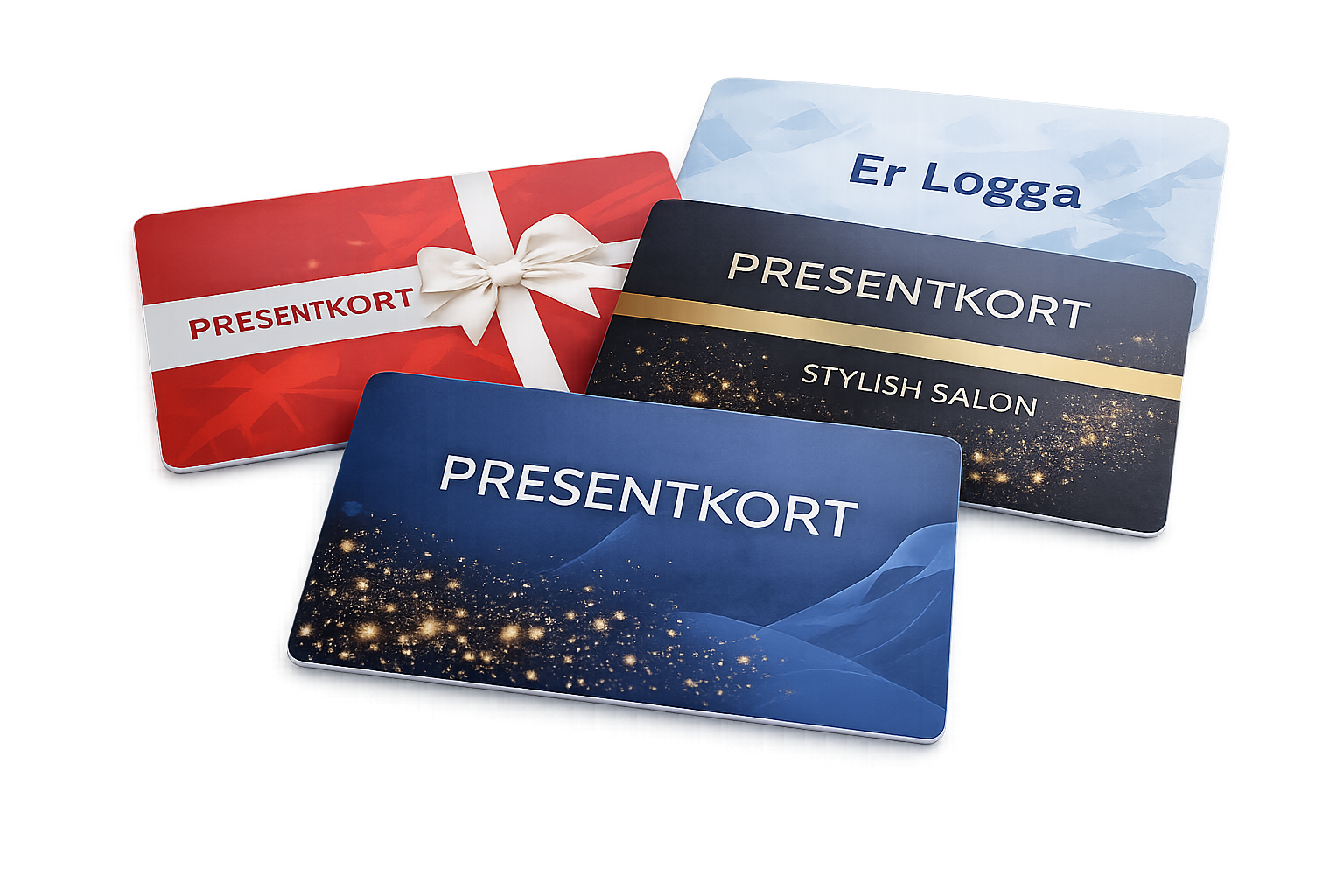 Presentkort i plast med eget tryck i olika designer, anpassade för företag och butiker