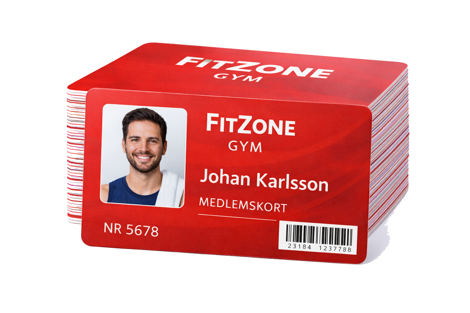 Plastkort i kreditkortsformat för gym och träningsanläggningar, med tryckt foto, namn och medlemsnummer. Exempel på hållbara medlemskort i plast, anpassade för daglig användning och professionell verksamhet.