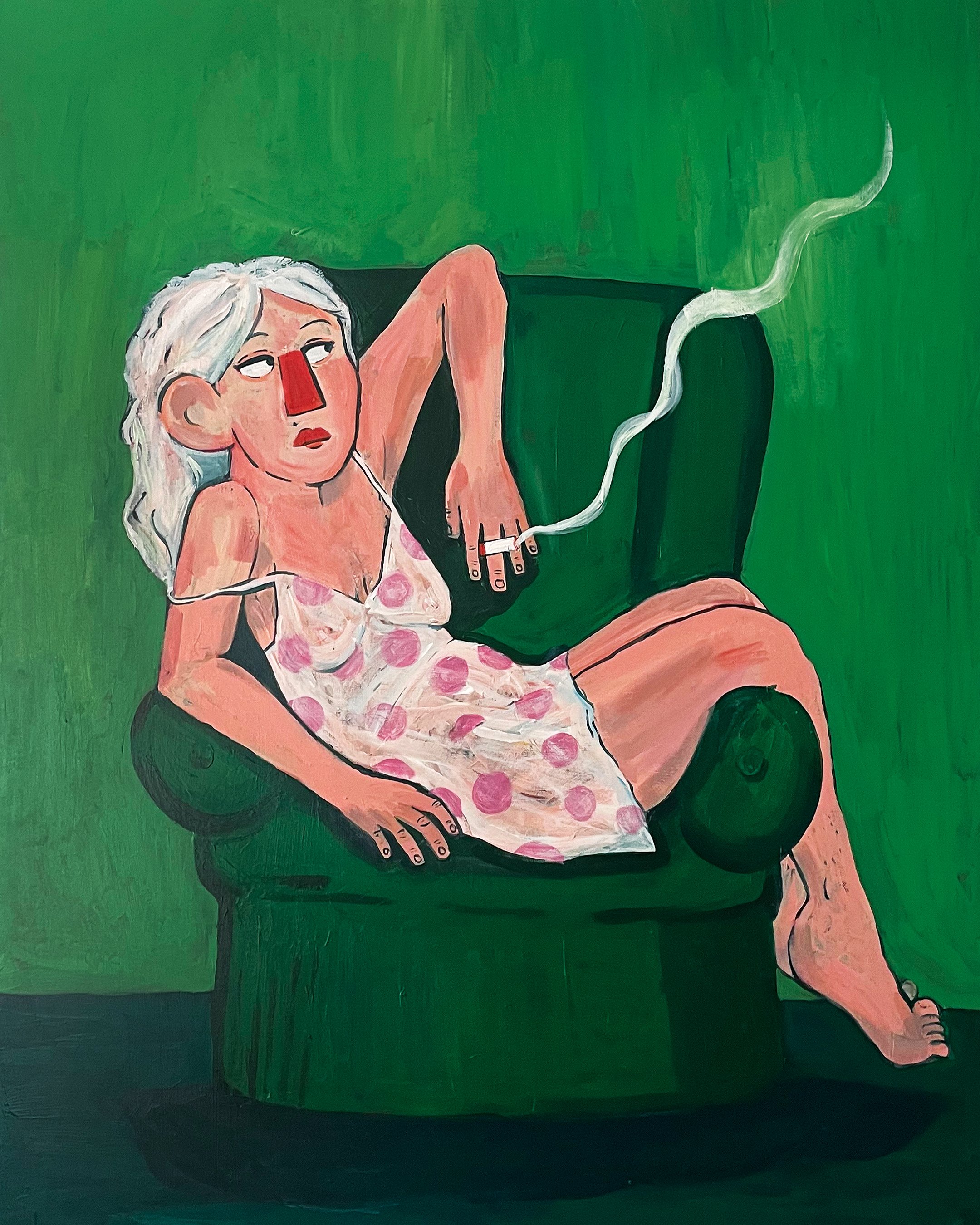 Woman on green chair
