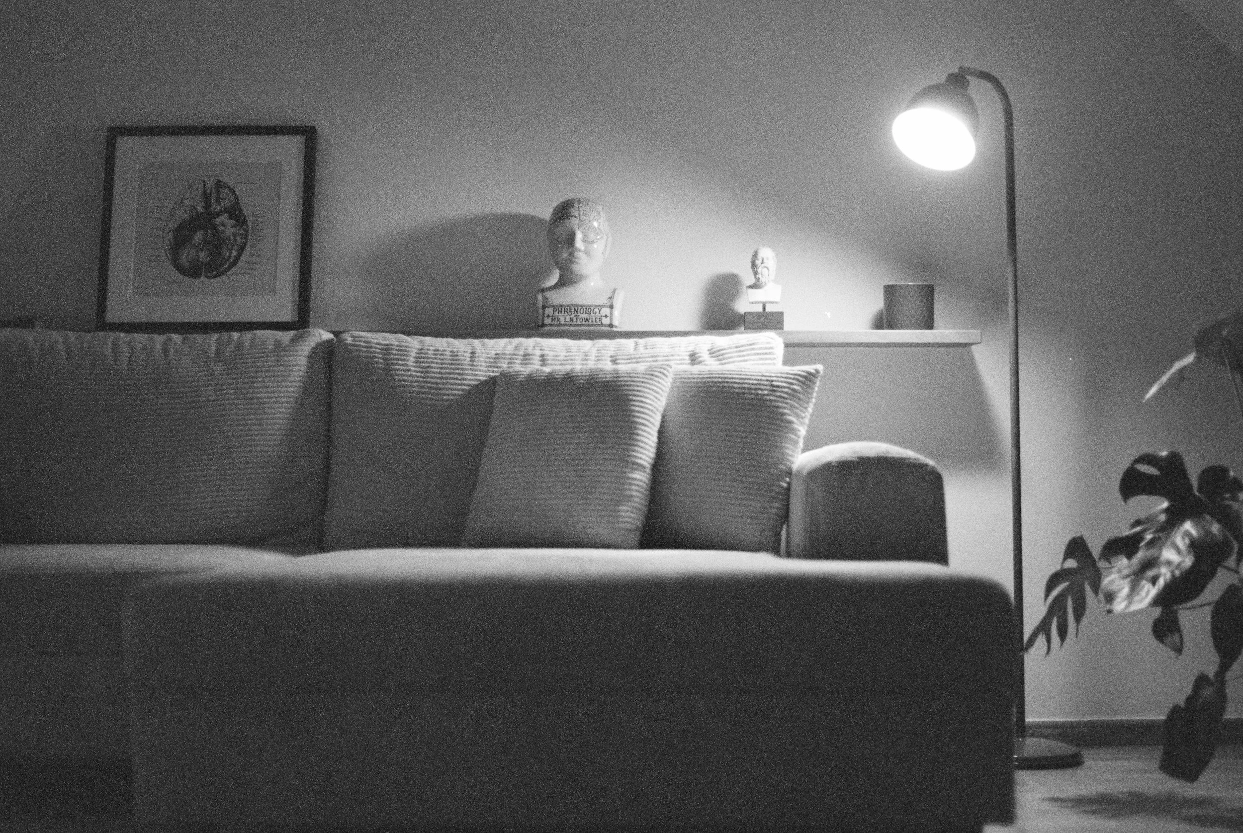 Dimly lit living room with a couch, artwork, and lamp.