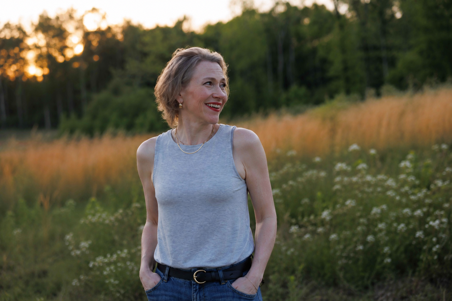 Woman standing in a field at sunset, wearing a gray sleeveless top and jeans.