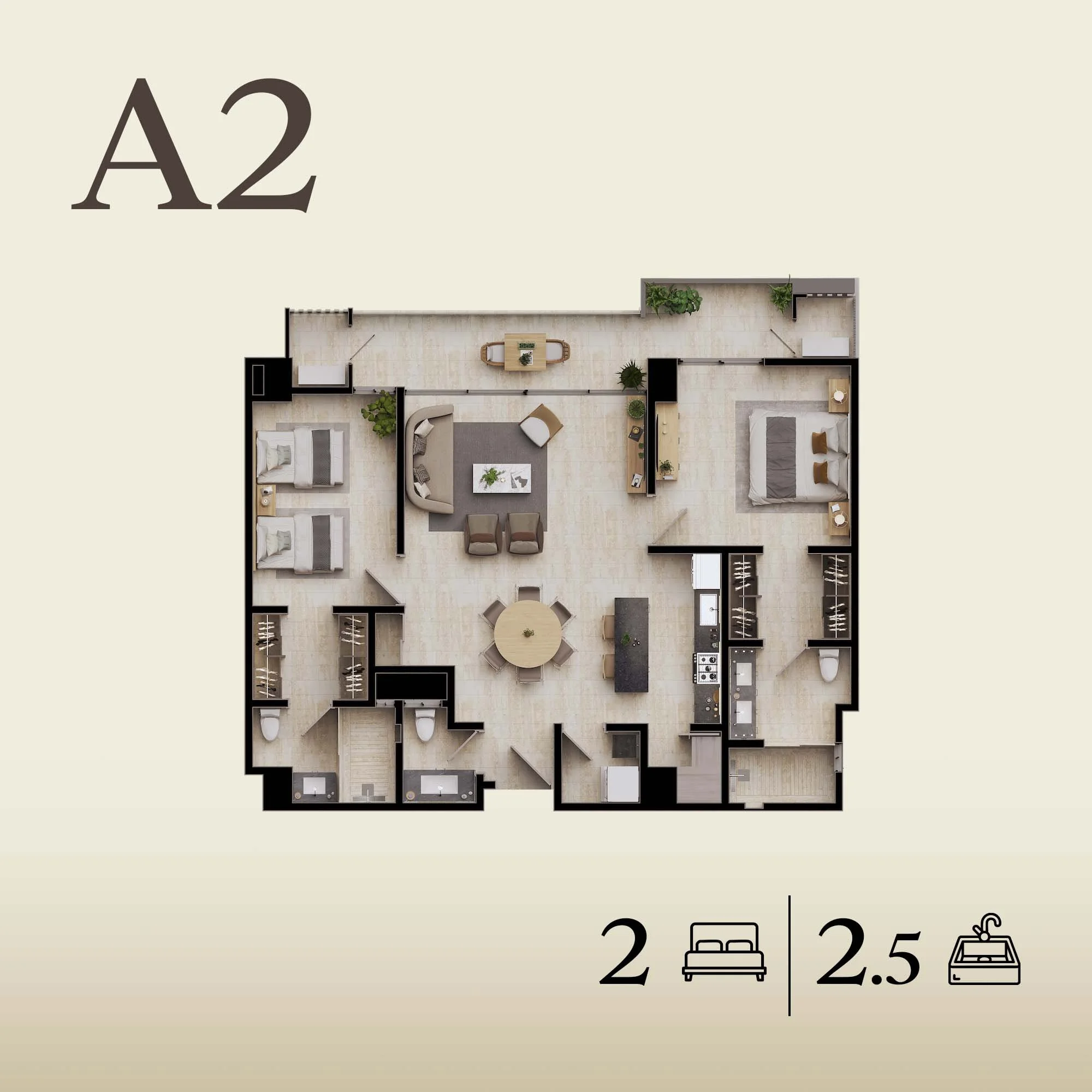 Plano de apartamento tipo A2, mostrando dos habitaciones, 2.5 baños, cocina, sala de estar y comedor. Incluye iconos indicando 2 camas y 2.5 baños en la parte inferior.