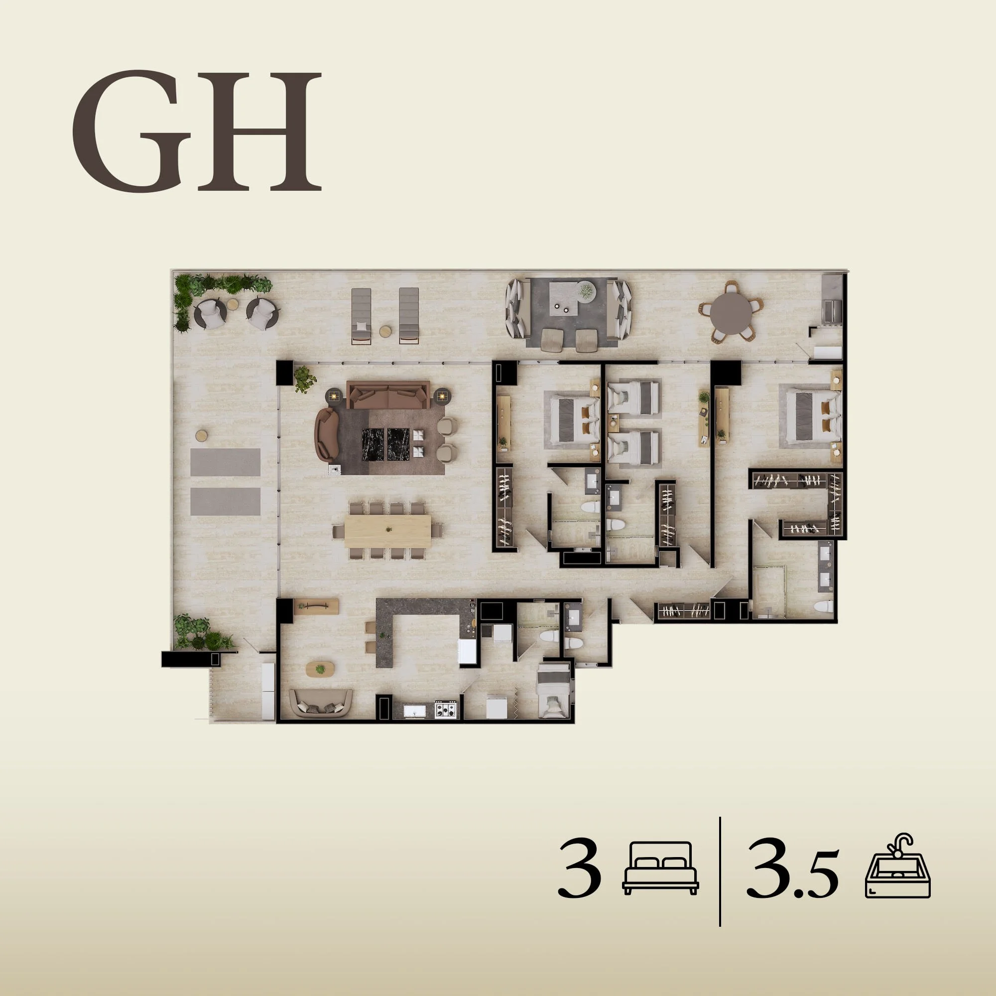 Plano de un departamento con tres habitaciones, tres baños y medio, sala, comedor y cocina. Incluye áreas externas amuebladas.