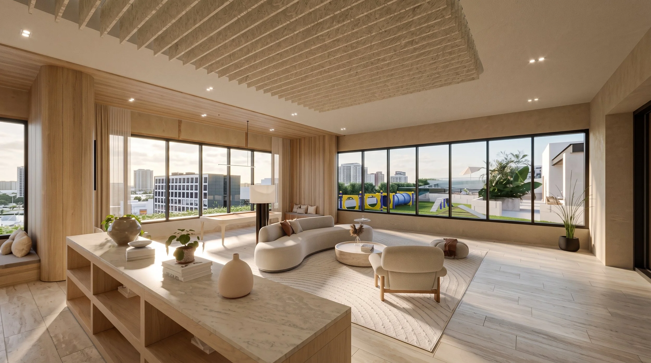 Sala de estar moderna y elegante con muebles de diseño contemporáneo, colores neutros y gran iluminación natural. "Sala Lounge" está escrito en la imagen.