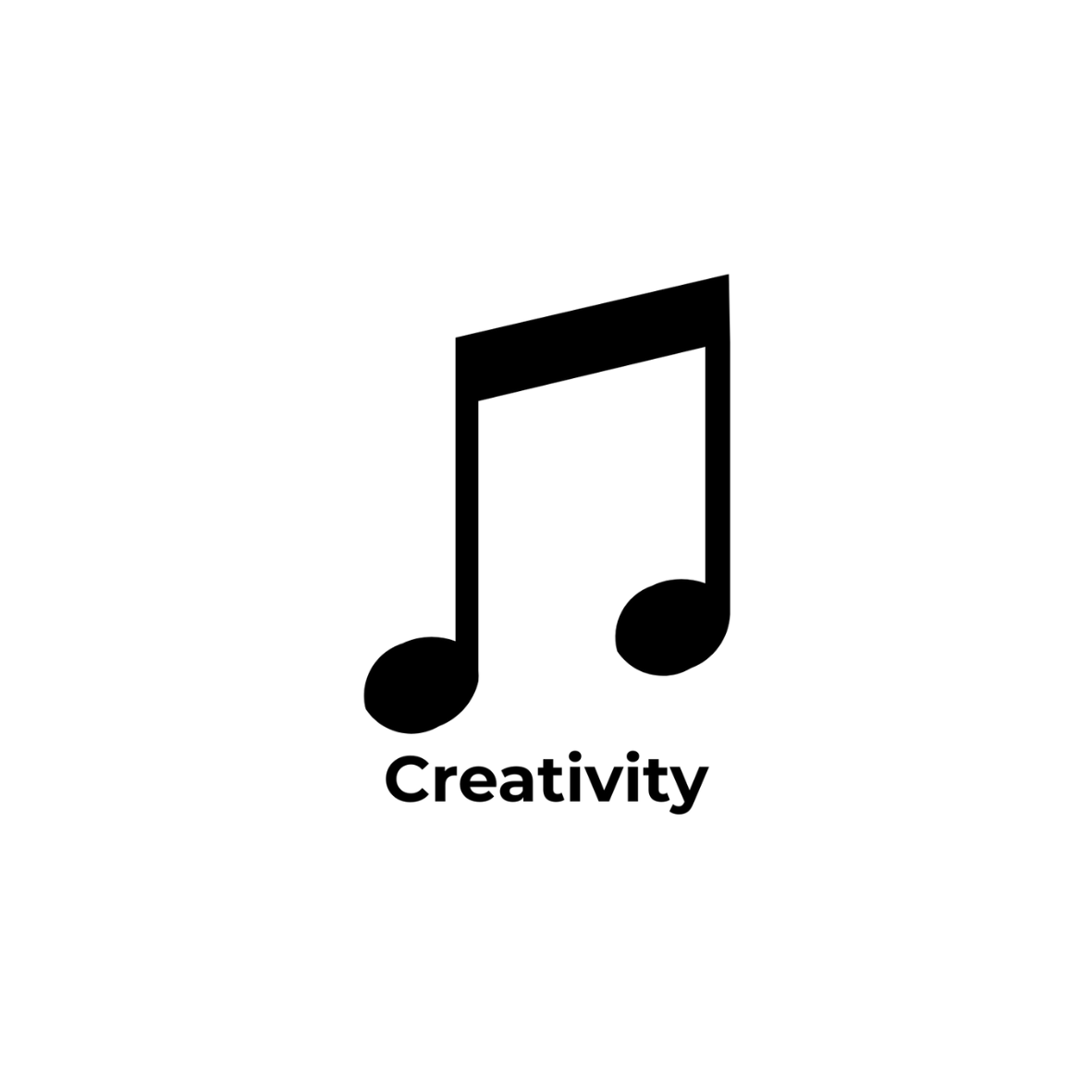 A black musical note icon with the word 'Creativity' written below it in bold black letters.