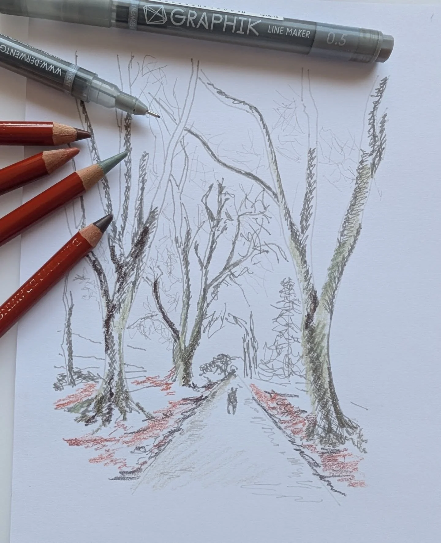 Day 2 of the Derwent challenge with the prompt 'morning walk' inspired by this morning's walk with the dog and using Derwent Graphik line markers and a little colour using my favourite derwent drawing pencils. 

#7daysofderwent 

@derwentartofficial 
