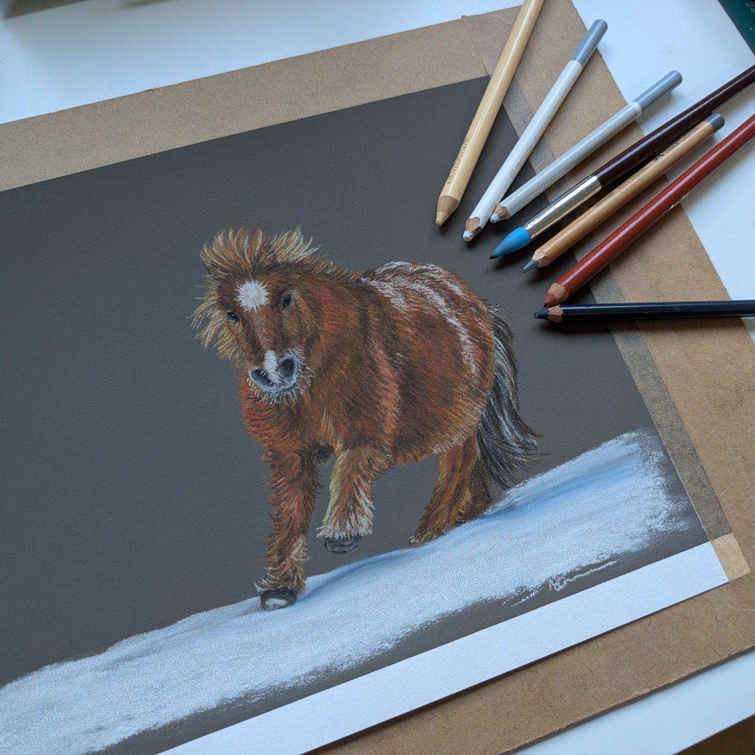 I realise I've been a bit rubbish at posting lately, I have been juggling a lot but enjoyed creating another new piece of pastel work earlier in the month. 
Wee peanut in the snow created with pastels on Canson mi-teintes touch pastel paper. 
I have 