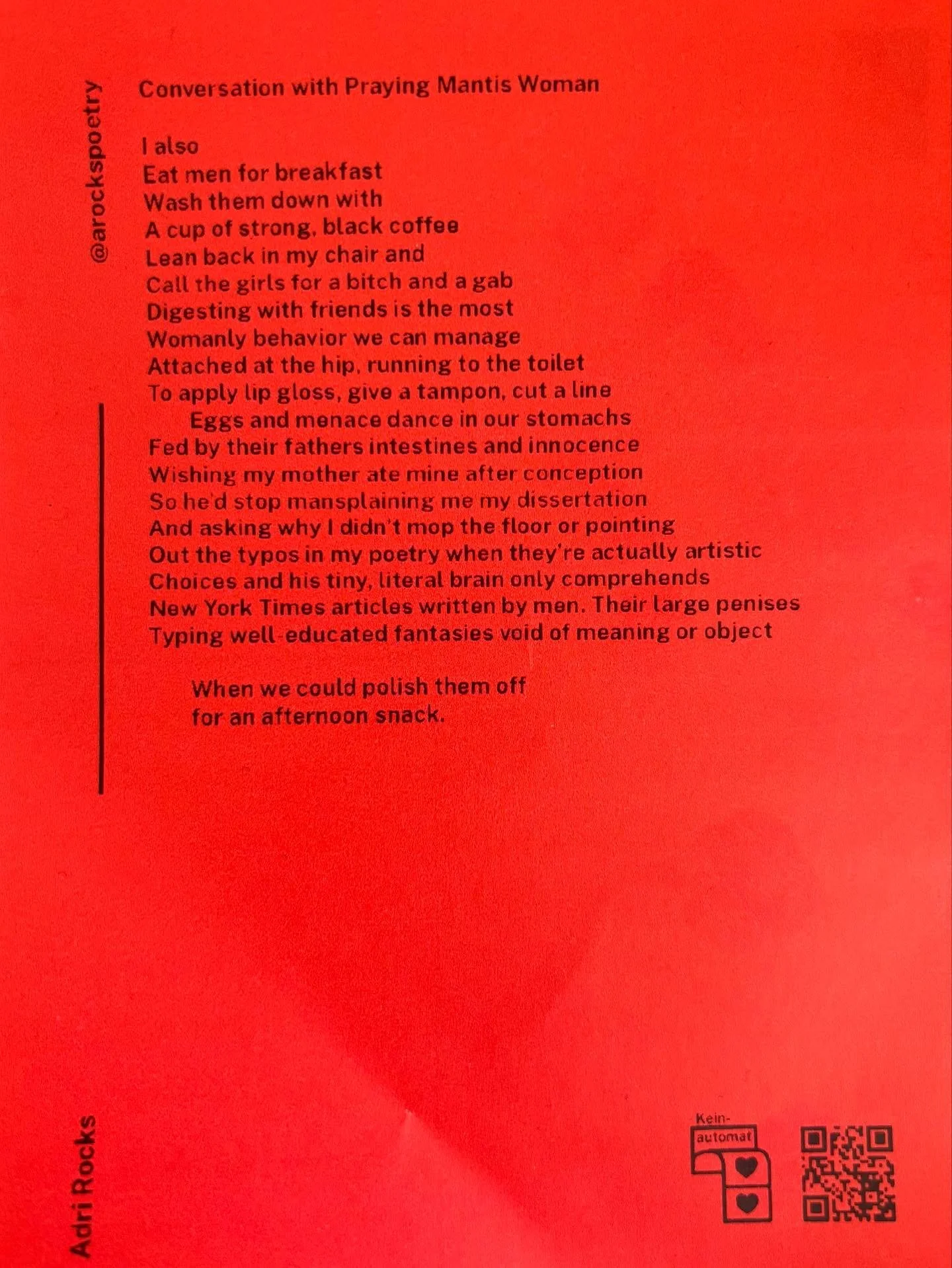 My baby girl, the poem I&rsquo;ve loved for so long, finally found a home 🥹

Thank you @kein_automat for publishing Conversation with Praying Mantis Woman, Temazcal, and 21st Century Cunt &mdash; and for letting me subject you to some new stuff as w
