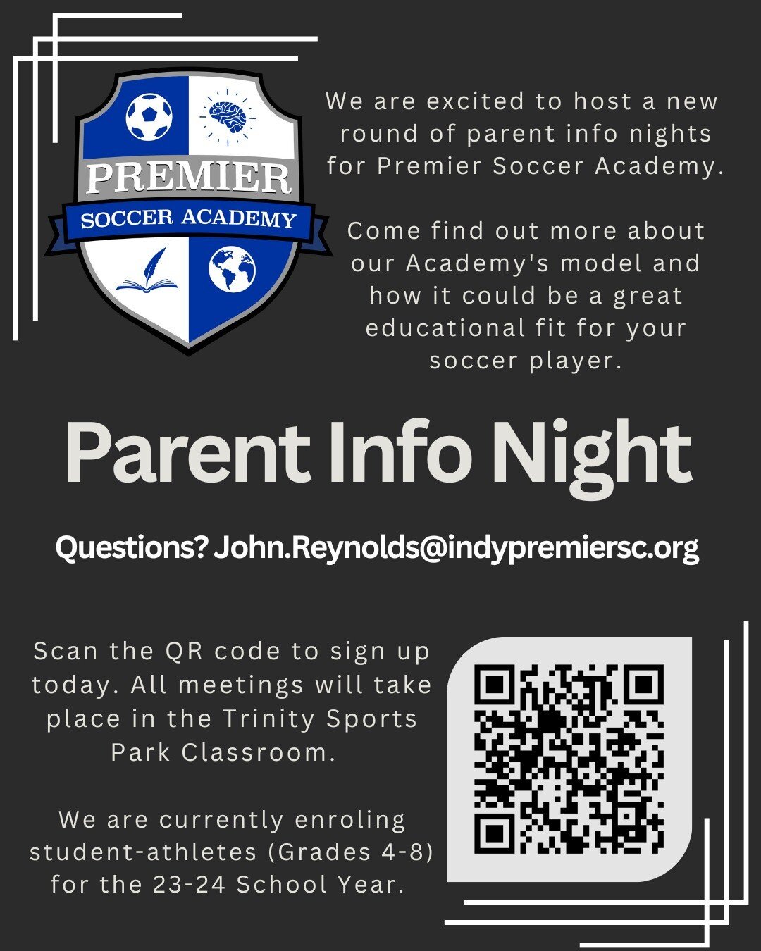 Sign up to learn more about our academy at one of our parent info nights!

Enrolling now! premiersocceracademy.org
#schoolisinsession
@indypremiersc