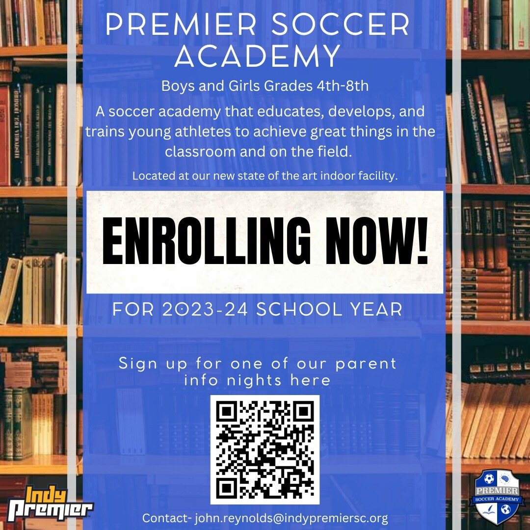 Enrollment is now open at premiersocceracademy.org!

We will be offering more parent nights. To register, scan the QR code or go to https://www.signupgenius.com/go/8050D4DACAC2CAAFD0-premier to register. 

@indypremiersc