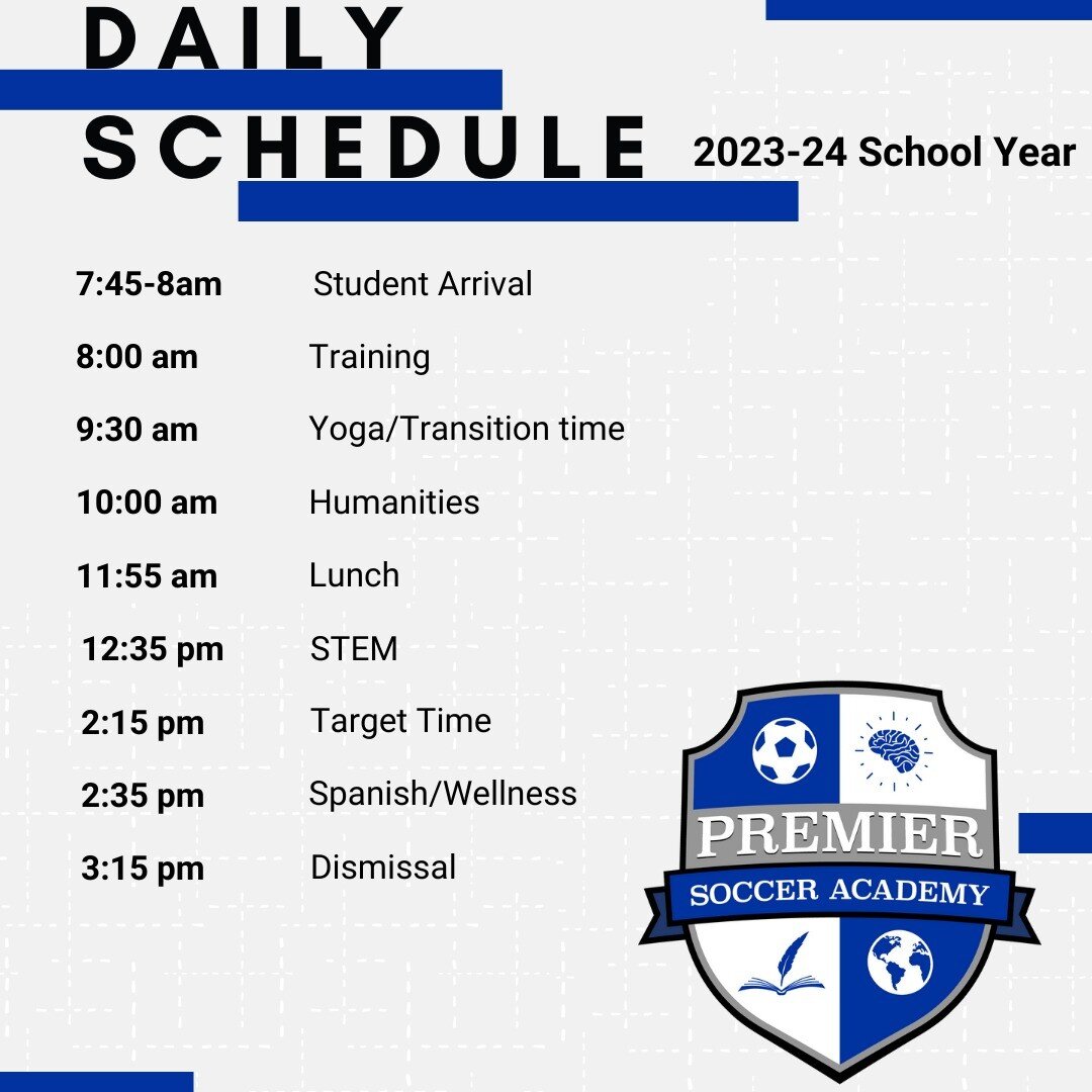 Here is a quick look at our daily schedule. Perfect balance of targeted soccer work and deep and engaging learning. Now enrolling for 23/24 school year. 

#projectbasedlearning #socceracademy #education 
@indypremiersc