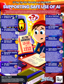 Infographic titled 'Supporting Safe Use of All Devices,' with sections on internet safety tips for parents and educators, including steps like understanding cyber risks, setting boundaries, using age-appropriate tools, and staying involved in children’s online activities. Features colorful icons, child-friendly graphics, and a central character of a child at a laptop.