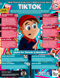 Infographic about TikTok safety tips for parents and educators, featuring a cartoon girl holding a smartphone, presenting advice on digital safety, dangers, and responsible usage.