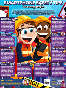 Infographic titled 'Smartphone Safety Tips for Young People' with illustrations of two happy kids in construction helmets looking at a smartphone. The poster includes safety tips about protecting passwords, privacy, internet safety, and sharing responsibly.