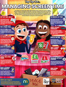 A colorful infographic with tips for managing screen time, featuring cartoon characters, images of a mobile device, a tablet, and a computer, and text boxes with advice.