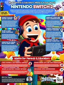 Cover of a Nintendo Switch 2 guidebook for parents and educators, featuring a cartoon character with red hair, large blue eyes, and a red and black outfit. The cover includes multiple text bubbles with advice on gaming, online safety, and communication, along with colorful graphics and the title 'Advice for Parents & Educators' and 'Wake Up Wednesday' at the bottom.