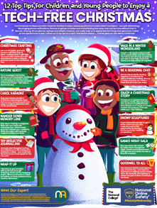 Holiday-themed magazine cover promoting free Christmas activities and events, featuring a smiling family building a snowman with a snow-dusted background, and various event descriptions around them.