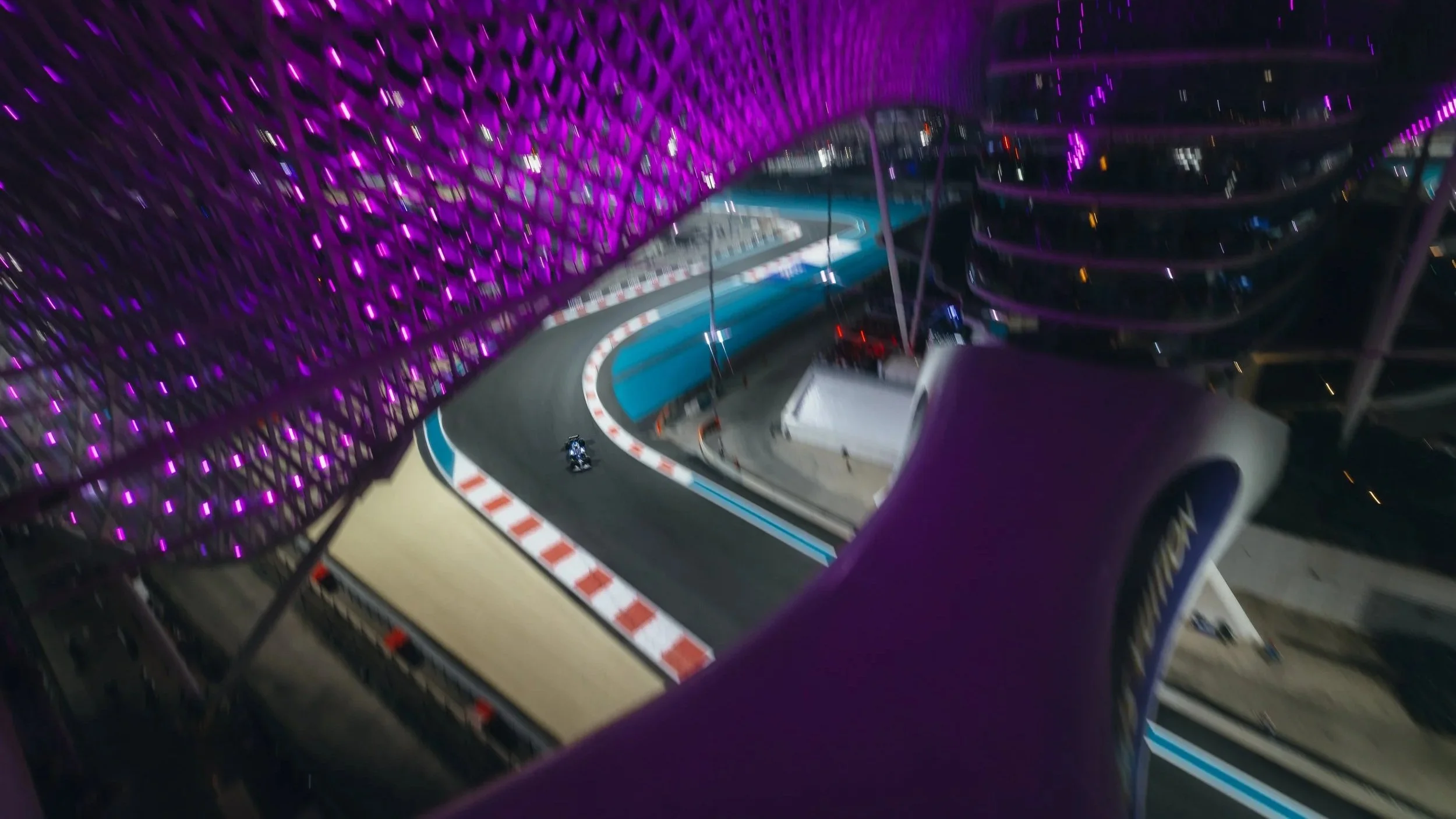 Williams F1 car on track at night during Abu Dhabi Grand Prix, photographed by Williams F1 team photographer Rob Ash