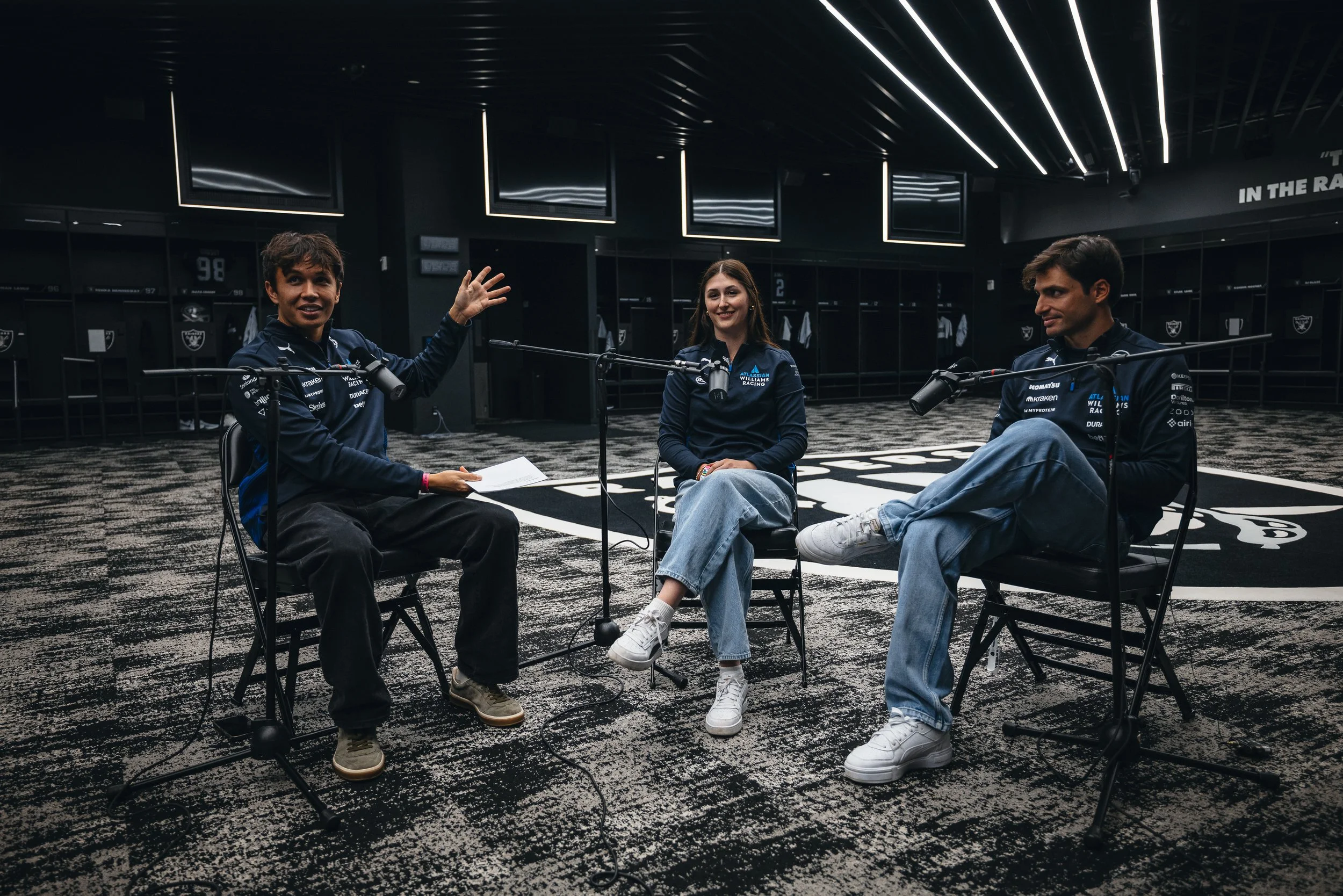 Carlos Sainz, Alex Albon and Lia Block of Williams Formula 1 team, photographed by London-based Williams F1 photographer Rob Ash