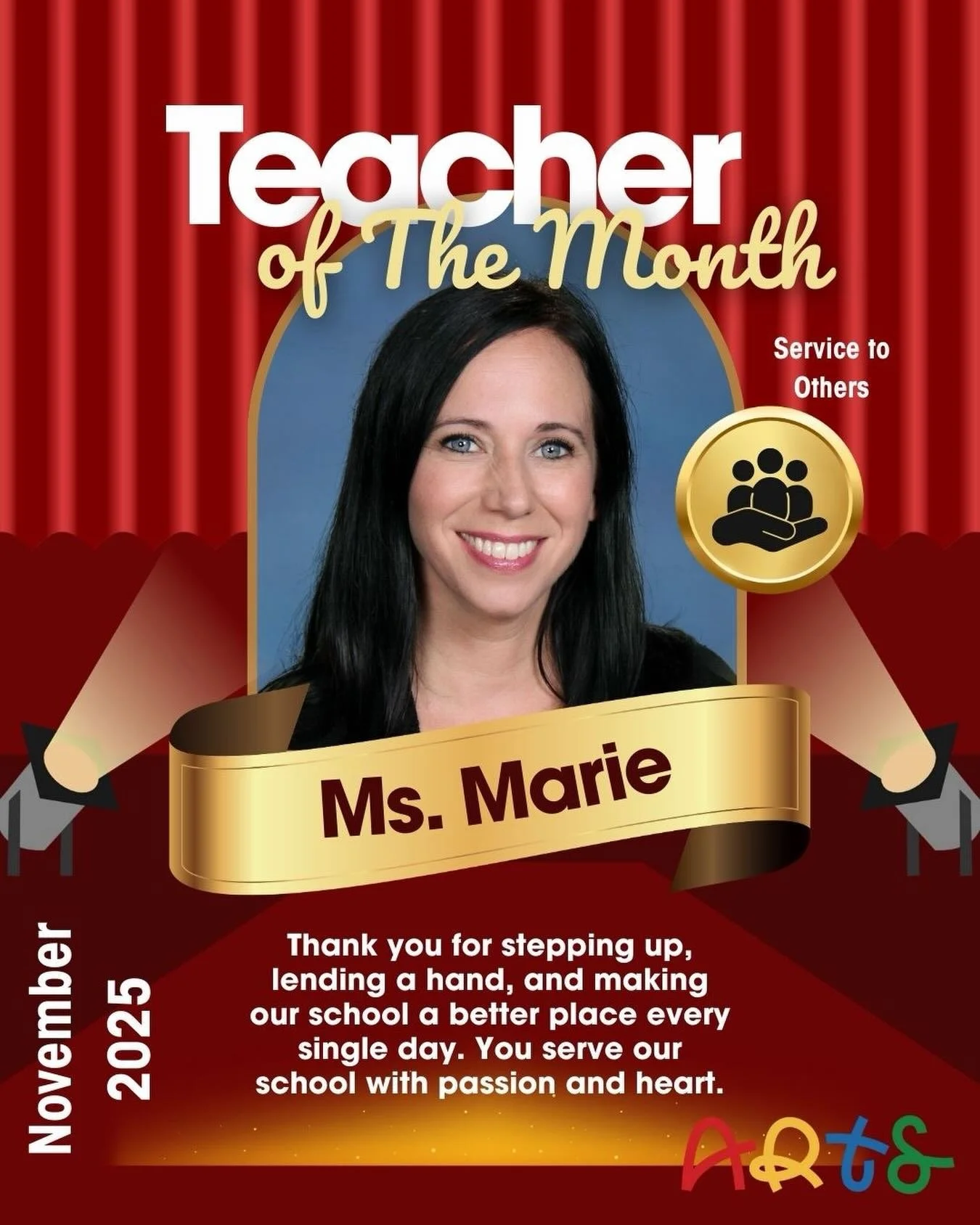 Congratulations to our November Teacher of the Year for Service, Ms. Marie! Her dedication to our students, willingness to step up wherever needed, and constant commitment to helping our school community shine,  makes a meaningful difference every si