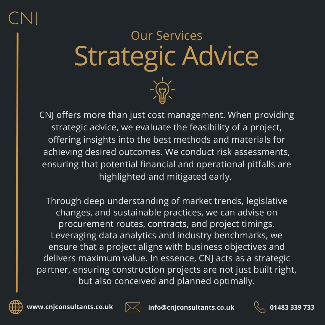 CNJ offers more than just cost management. When providing strategic advice, we evaluate the feasibility of a project, offering insights into the best methods and materials for achieving desired outcomes. We conduct risk assessments, ensuring that pot
