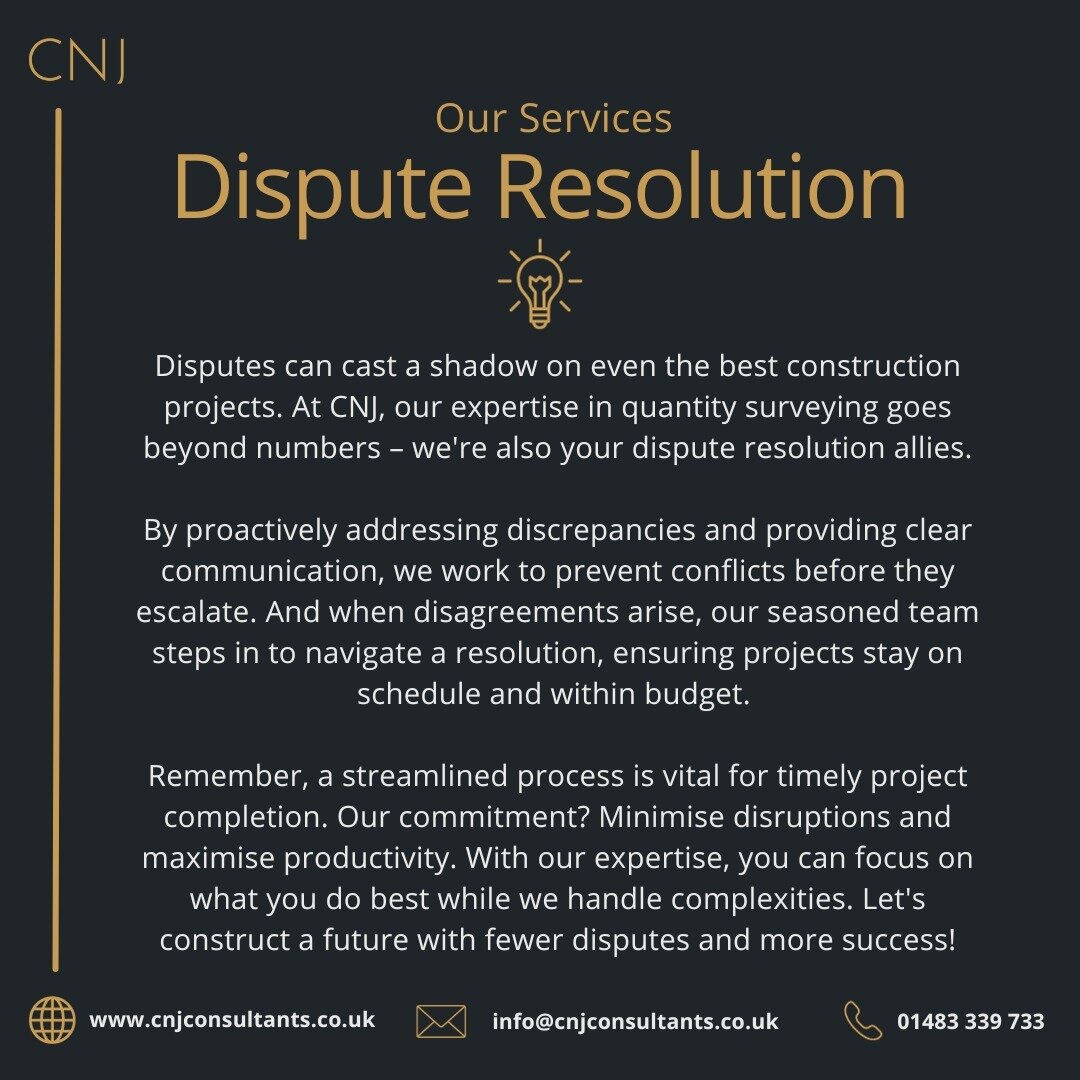 Dispute Resolution ⚖️🤝 Disagreements can stall projects. Quantity Surveying professionals mediate construction disputes, championing resolutions that are fair and timely. 

Get in touch today to find out how we can help your project 📞

#cnjconstruc