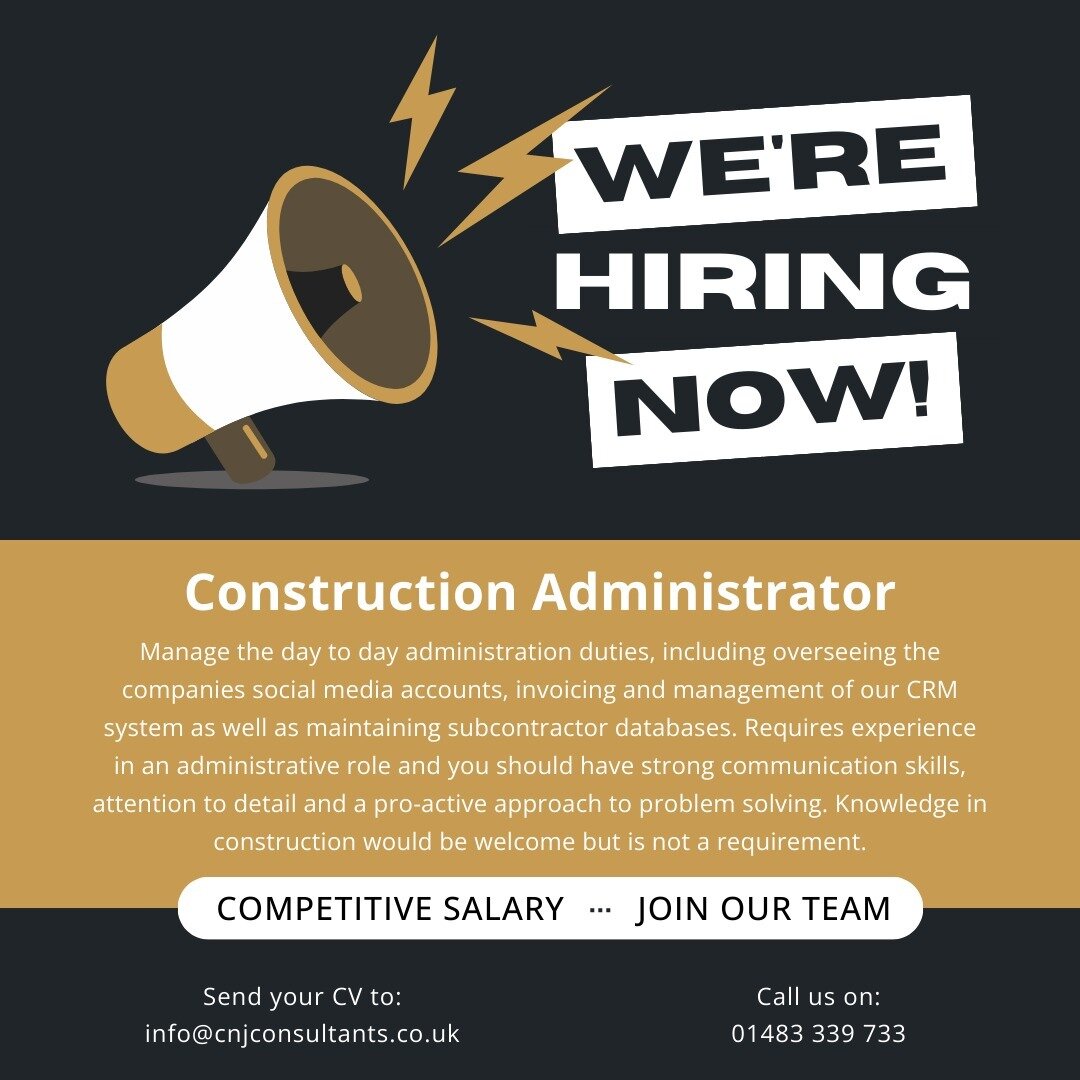 We're looking for a full time Construction Administrator! If you're interested, or know anyone that might be, get in touch 📞

#cnjconstructionconsultants #administratorjobs #quantitysurveyor #quantitysurveying #costconsultants #surreybuilders #const