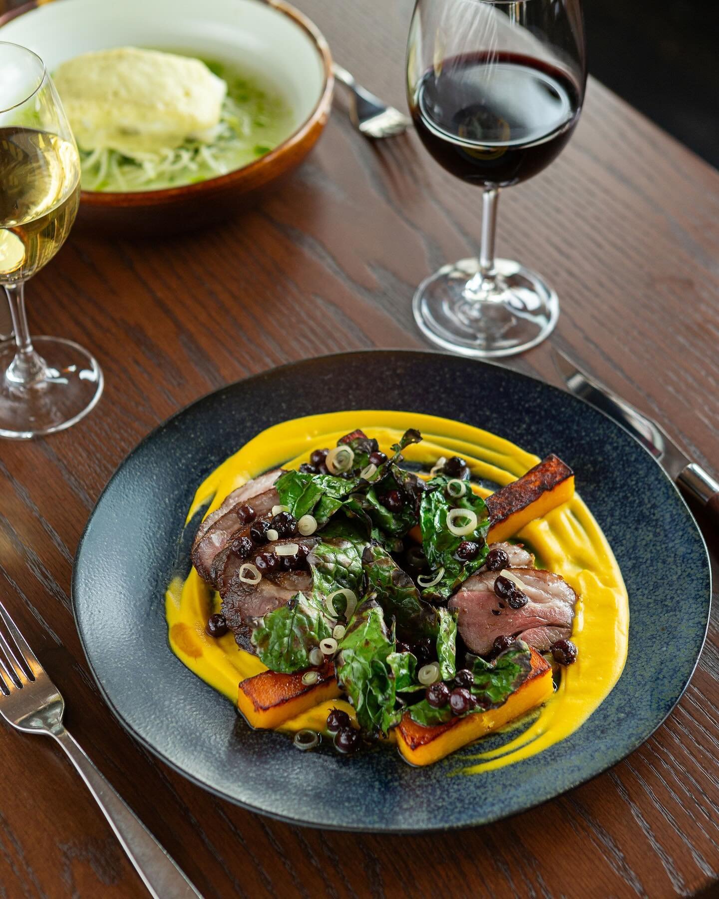 Lambtastic Farm Lamb Sirloin, Sudo Farms Butternut Squash, Pickled Ramps, Grilled Southern Skies Black Kale, Mint &amp; Saskatoon Berry Jus. Open 7 days a week for lunch, dinner, weekend brunch. #RCkitchenstories #Rivercafeyyc #justawalkinthepark #Ca