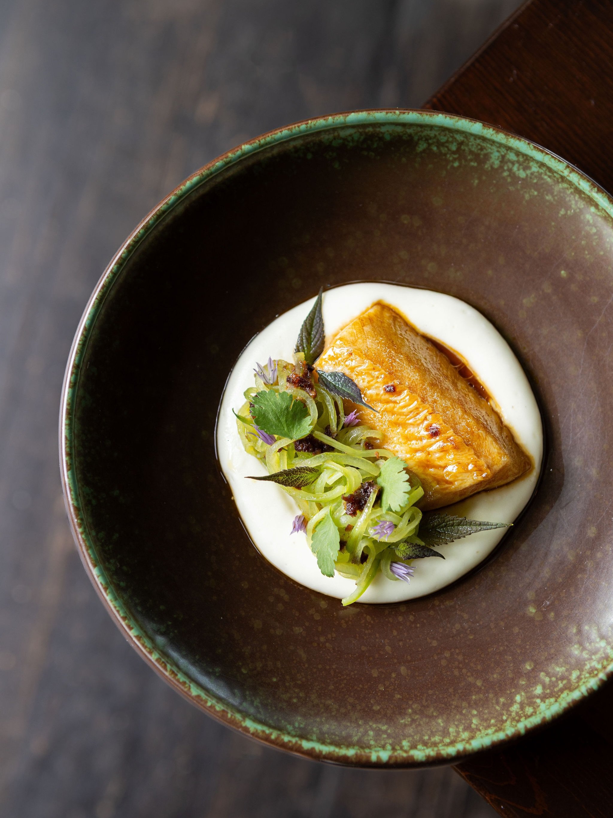 Kyuquot Sound Smoked Sablefish, Poplar Bluff Fermented Potato, Mans Organic Cucumber Cilantro, XO Sauce. 

#Canadaisfood #rivercafeyyc #yycfood 
Photo: Pauline Yu Photography