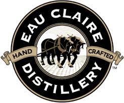 Eau Claire Distillery logo featuring a black circular design with a group of black bees in the center and text around the circle, including 'Eau Claire Distillery', 'Hand Crafted' on a banner.