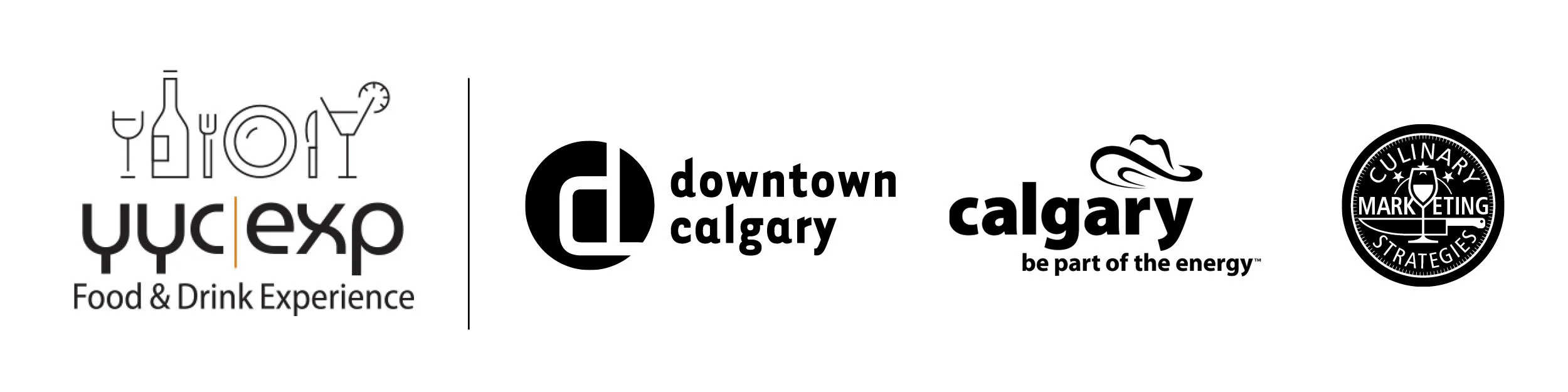 Logos of the Food & Drink Experience event, Downtown Calgary, Calgary city branding, and Culnary Strategies.