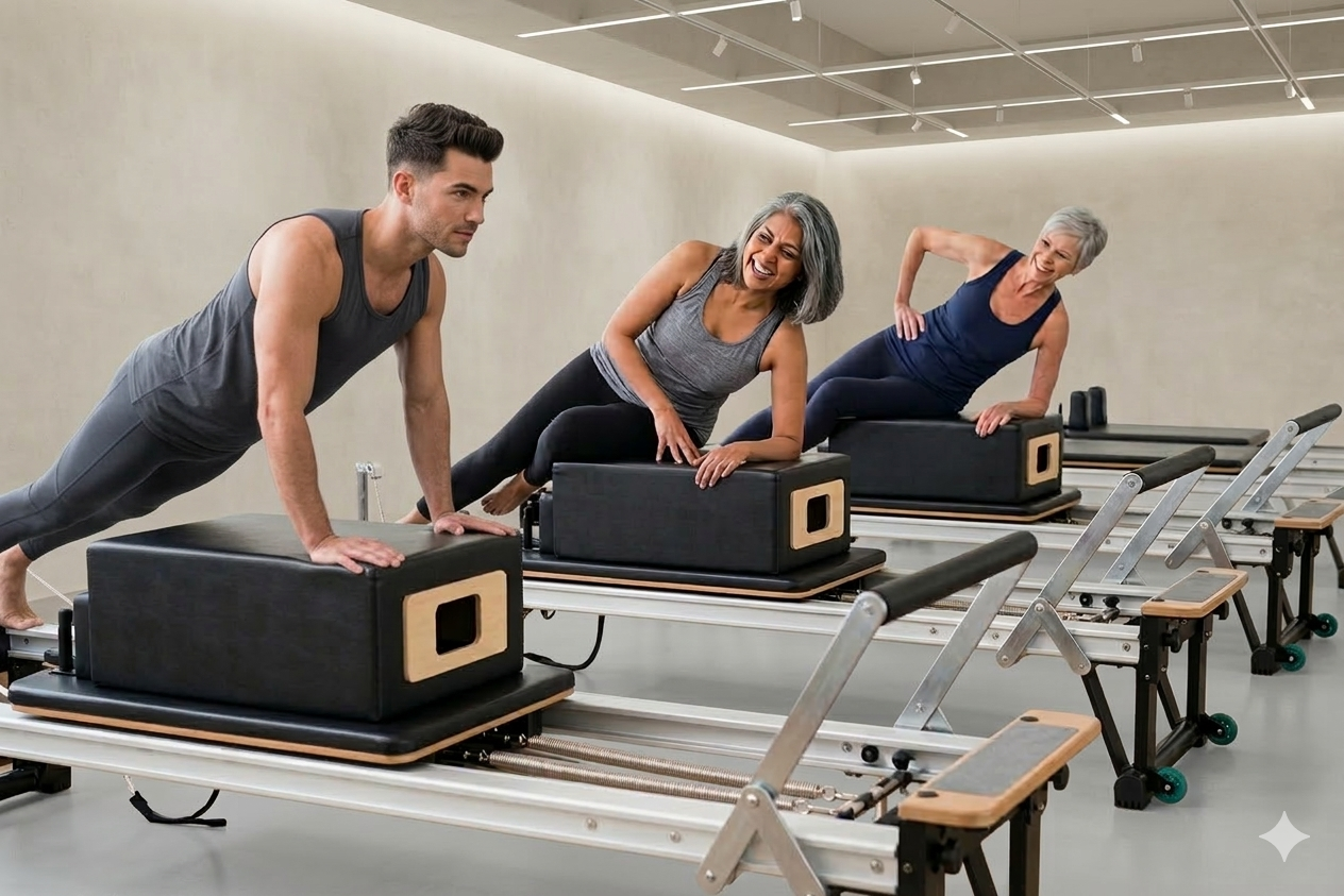 Woman on a pilates reformer machine