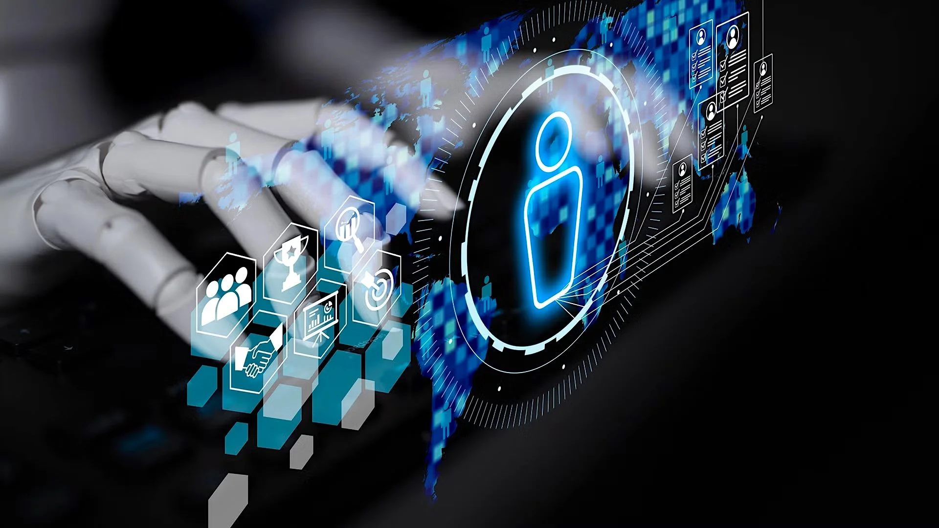 A robotic white hand types on a keyboard while a futuristic, glowing blue digital overlay displays user profiles, a world map, and data icons.