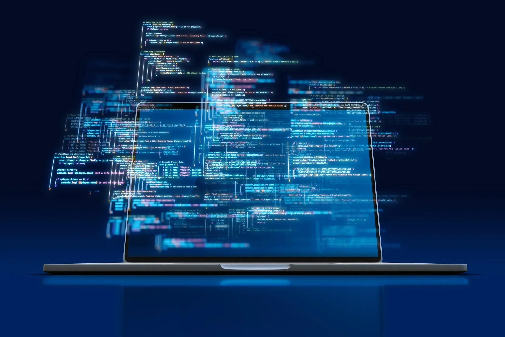 A laptop open on a dark blue surface displays complex lines of computer code extending beyond the screen into the surrounding background.