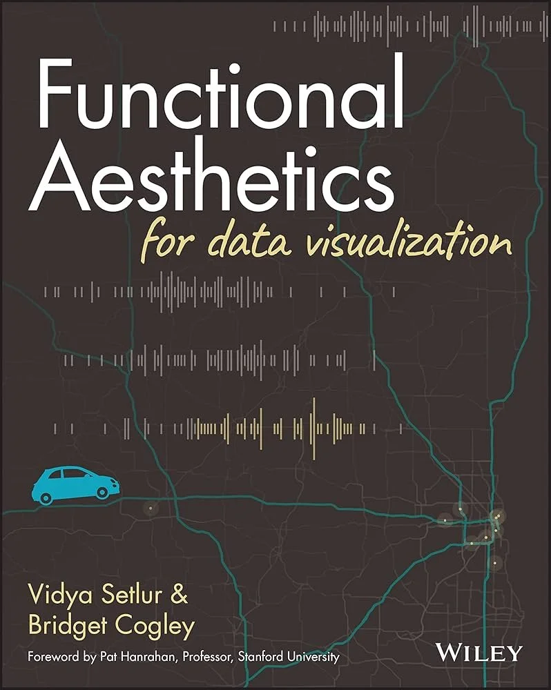 The cover of 'Functional Aesthetics for Data Visualization' has a solid black background with some abstract line graphics, along with the title at the top in white.