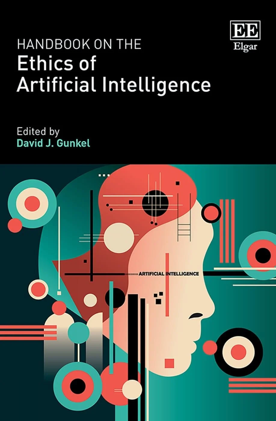 The cover of 'The Handbook on the Ethics of Artificial Intelligence' has an abstract graphic of the side profile of a face in blue, red and green hues.