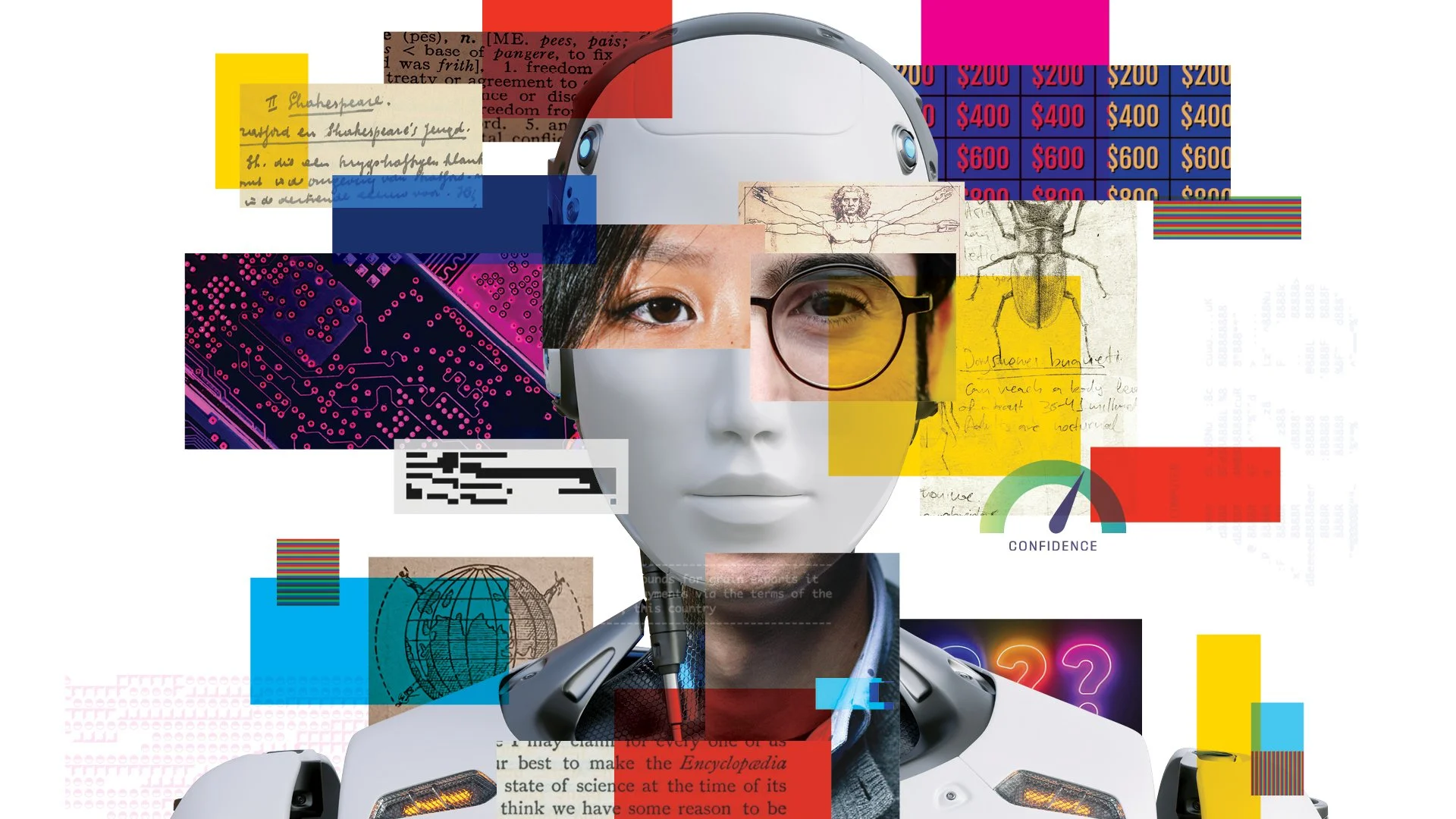 A white humanoid robot's face is centered in the image, overlaid and surrounded by a colorful digital collage of human features, text documents, a circuit board, a trivia game board, and various historical and scientific illustrations.