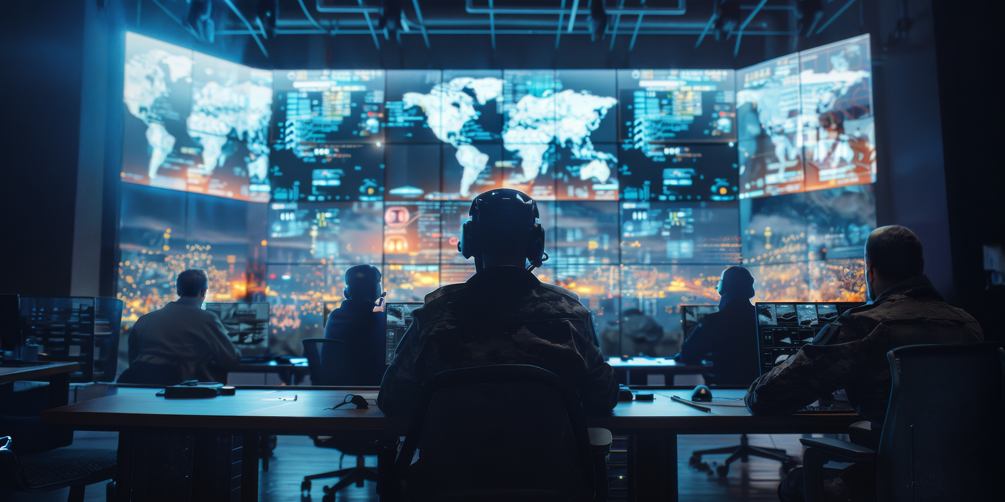 An illustration of personnel in a dimly lit command center monitoring a large wall of digital screens displaying world maps and complex data.