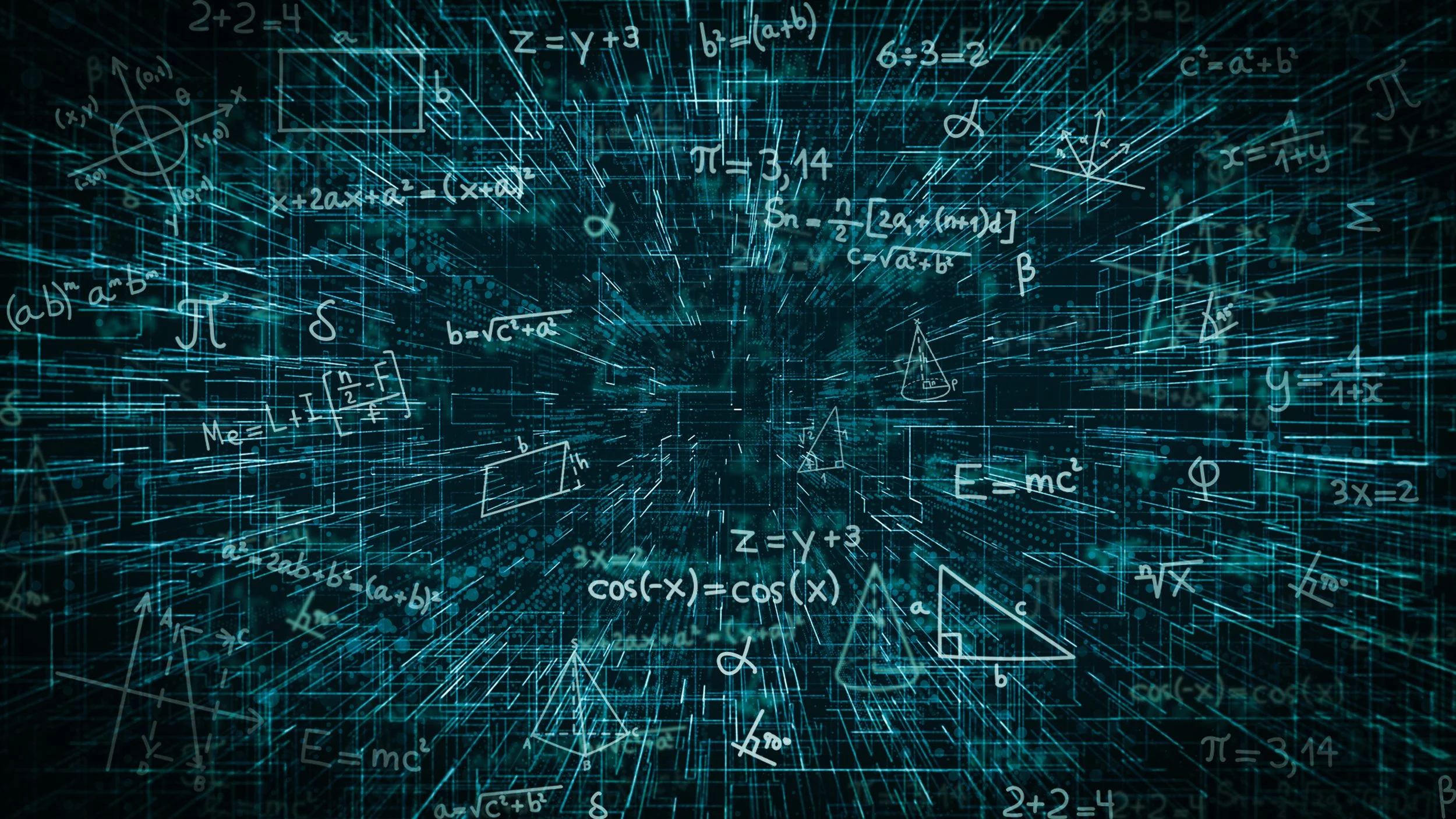 A futuristic, dark teal 3D grid perspective background filled with glowing white mathematical equations, geometric shapes, Greek letters, and formulas floating in a digital space.