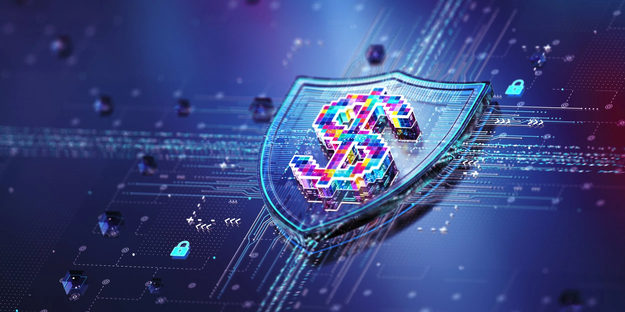 Colorful squares form a dollar sign on a blue digital-looking shield set against a blue background meant to look like a computer chip.